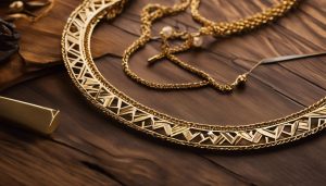 Een 18k gouden ketting met ingewikkelde details op een houten oppervlak.