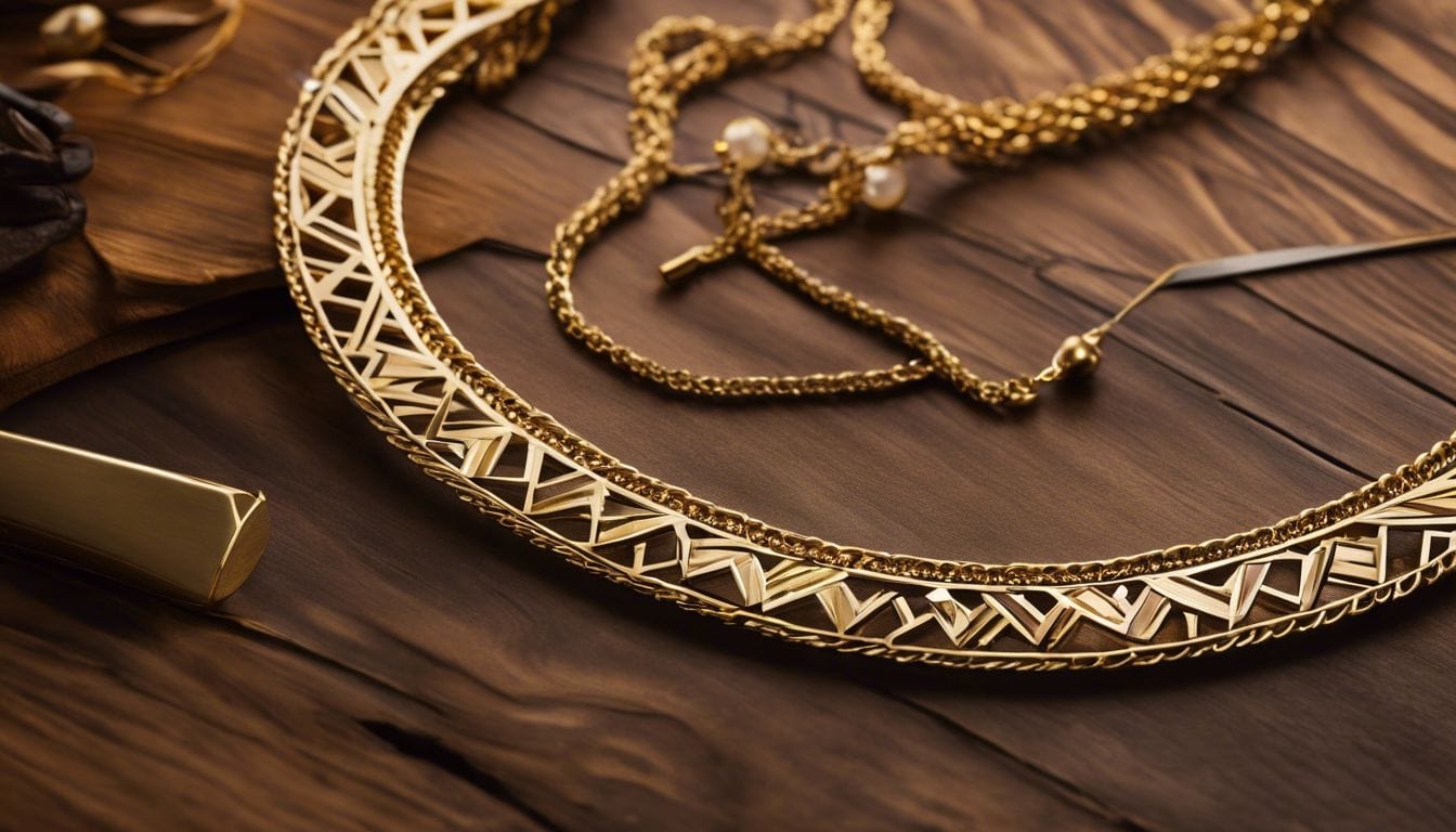 Een 18k gouden ketting met ingewikkelde details op een houten oppervlak.