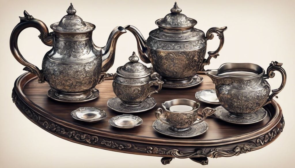 Een verfijnde vintage zilveren theeset op een antieke houten tafel.