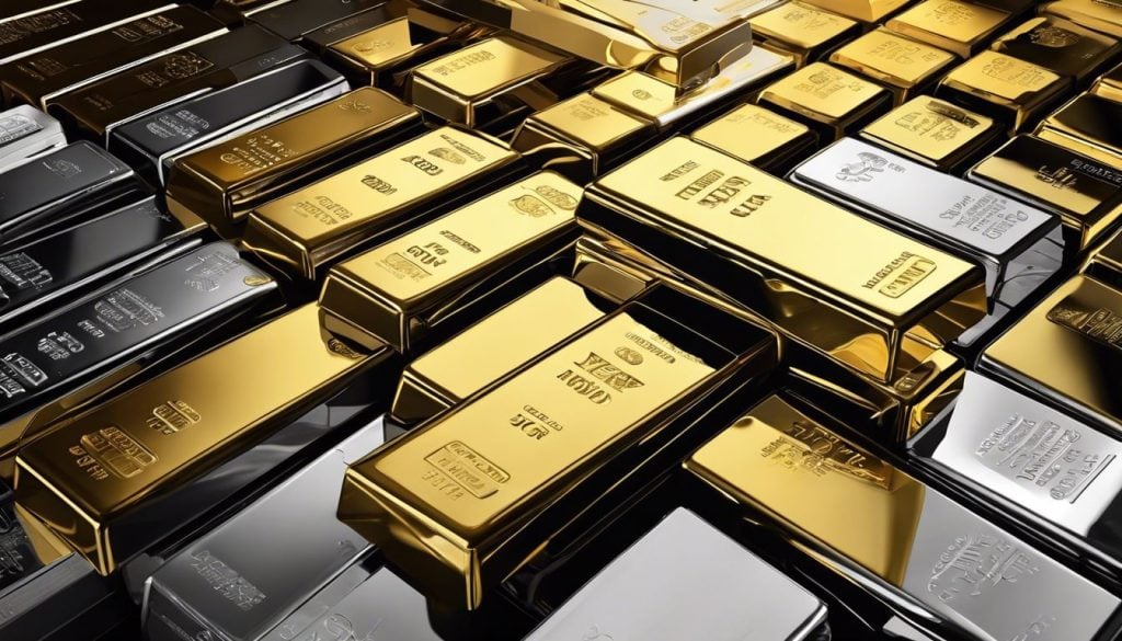 Een weergave van glanzende gouden en zilveren munten en staven in een beveiligde kluis, die de weelde en rijkdom van de edelmetalen benadrukt.