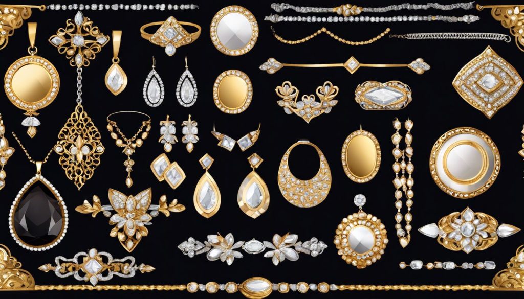 Een collectie van gouden en zilveren sieraden op een fluwelen achtergrond.