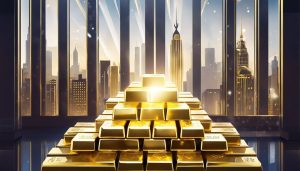 Een stapel gouden staven in een beveiligde kluis met lasers en stadsgezicht reflectie.