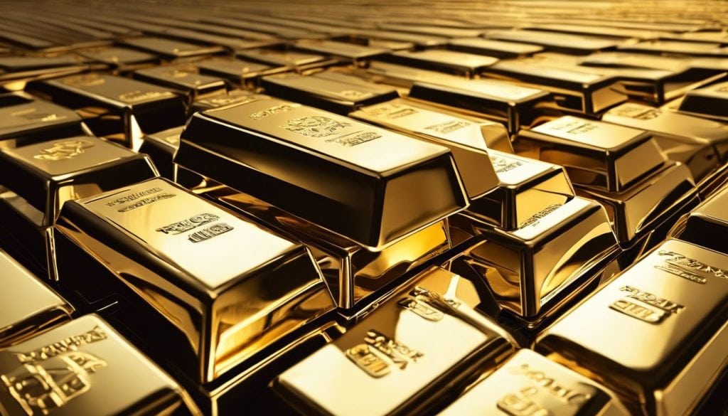 Een close-up van een glanzende gouden staaf in een beveiligde kluis.