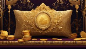 Een gouden staaf rust op een luxe fluwelen kussen, omgeven door oude gouden munten, benadrukkend de weelde en rijkdom van de setting.