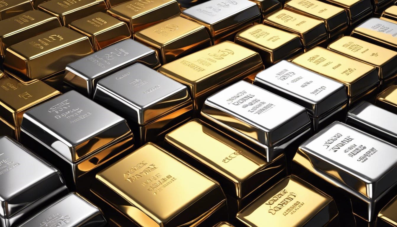 Elegante indeling van glanzende goud-, zilver-, platina- en palladiumstaven op donkere achtergrond.