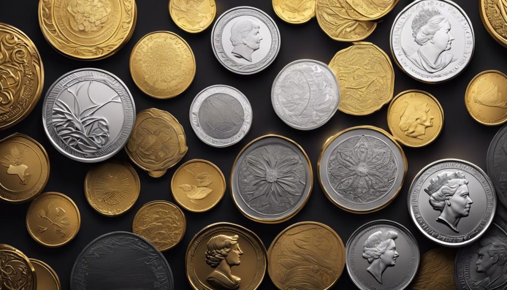 Een samenstelling van gouden en zilveren munten op fluwelen achtergrond.