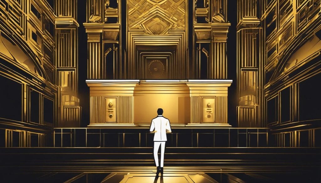 Een persoon houdt een goudstaaf vast in een beveiligde kluis.