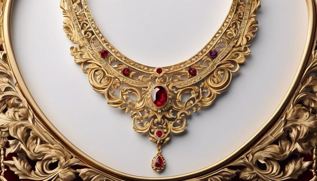 Een 21 karaat gouden ketting gepresenteerd op een fluwelen kussen in een weelderige en vorstelijke sfeer.