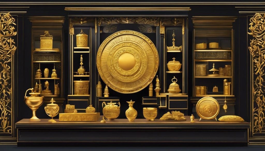 De historische ontwikkeling van goudprijzen door middel van een weelderige goudsieradententoonstelling.