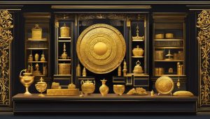 De historische ontwikkeling van goudprijzen door middel van een weelderige goudsieradententoonstelling.