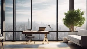 Een persoon die de website van GoldRepublic op een laptop bekijkt in een modern kantoor.