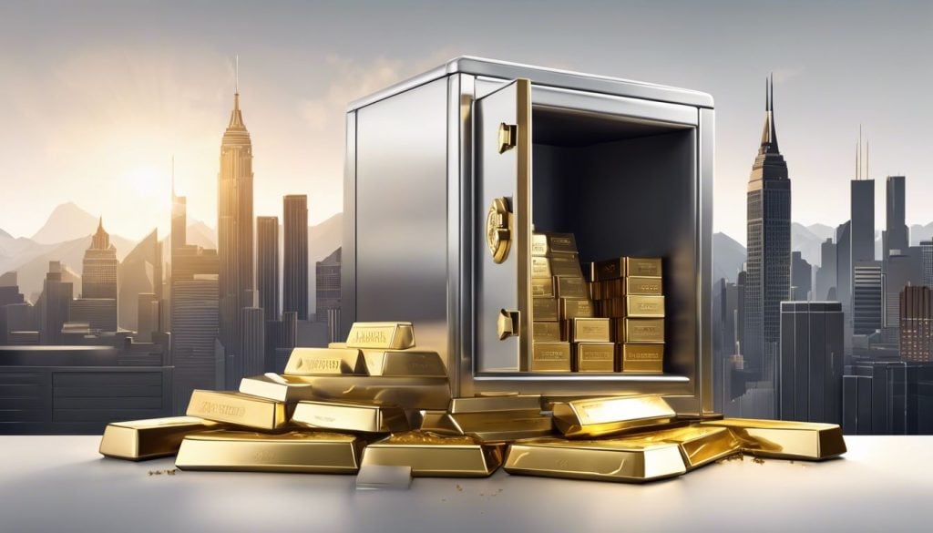 Een stapel goud en zilver op een stevige kluis met stedelijke skyline.