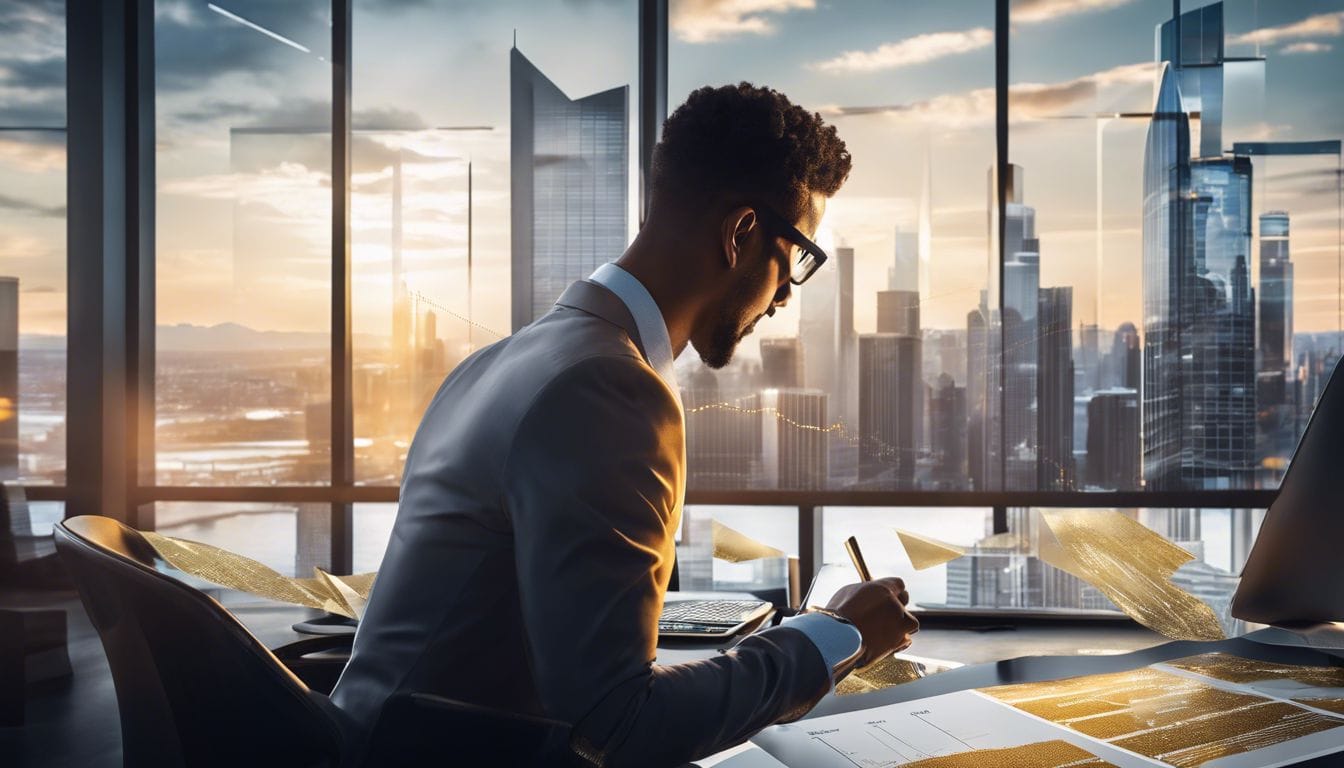 Een persoon analyseert goud- en zilverprijzen in een moderne kantoorruimte met uitzicht op een drukke stad.