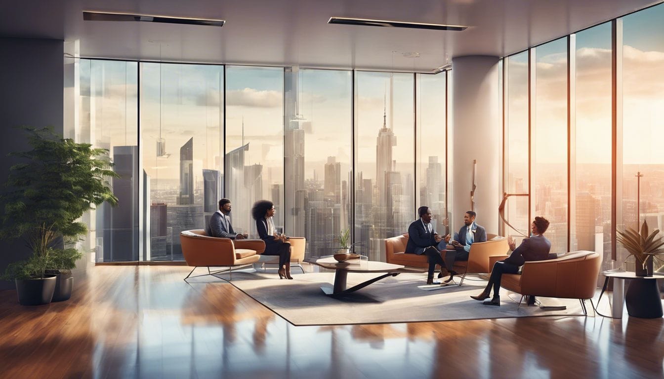 Investeerders bespreken beleggingsopties in een modern kantoor met stadsgezicht.