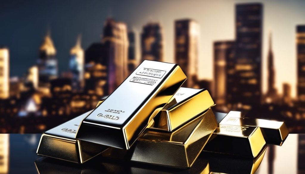 Een stapel gouden en zilveren staven op een glanzende tafel met stadsgezicht.