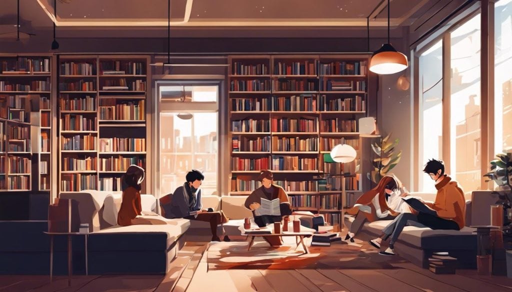 Een groep vrienden leest samen Manga in een knusse boekwinkel.