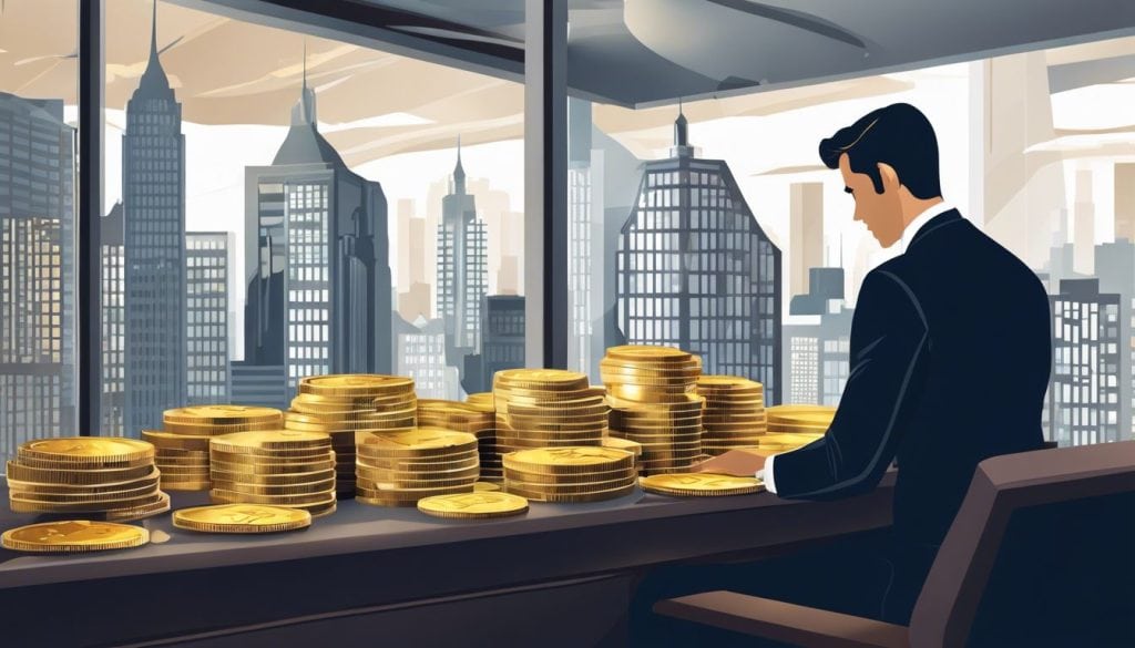 Een persoon onderzoekt platina munten en staven op een handelsbureau met uitzicht op de stad.