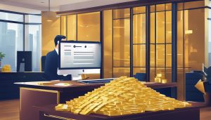 Een persoon weegt goudstaven op een schaal in een luxe financieel kantoor.
