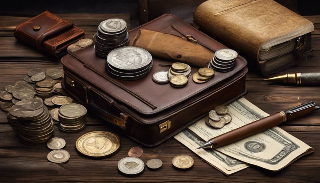 Een stapel zilveren munten op een verweerde houten tafel, omringd door oude financi&euml;le ledgers, vintage veerpennen en een versleten lederen aktetas, die de essentie van welvaart en voorspoed vastlegt.