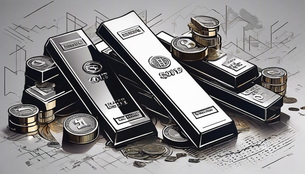 Een stapel zilveren staven en munten omringd door financi&euml;le grafieken.