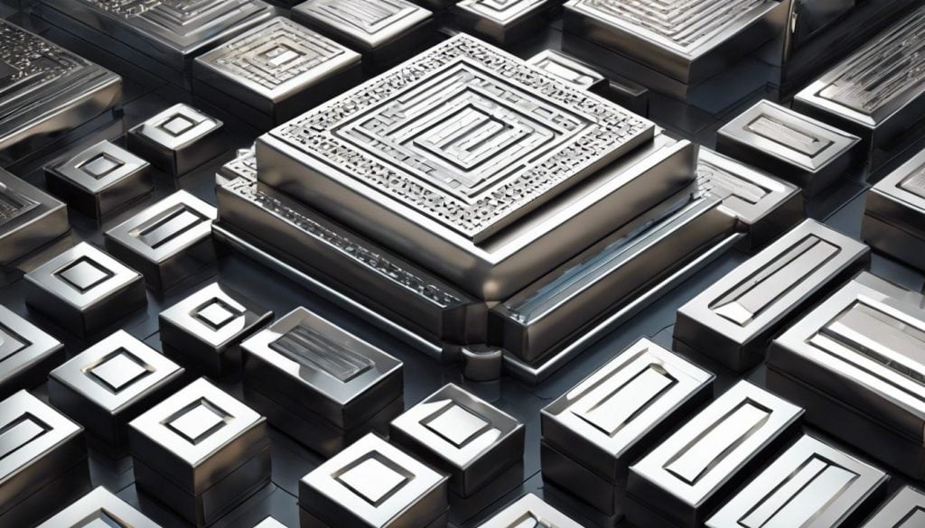 Een veilige kluis met gepolijste zilveren staven en geavanceerde beveiligingsmaatregelen.