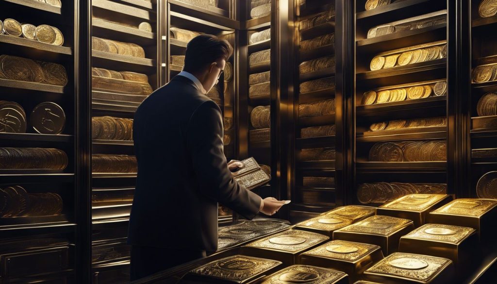 Een persoon examineert een collectie zilveren baren en munten in een donkere kluis.