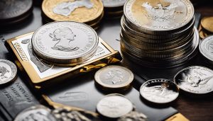 Close-up van zilveren bullion en munten omringd door financiële investeringsboeken.