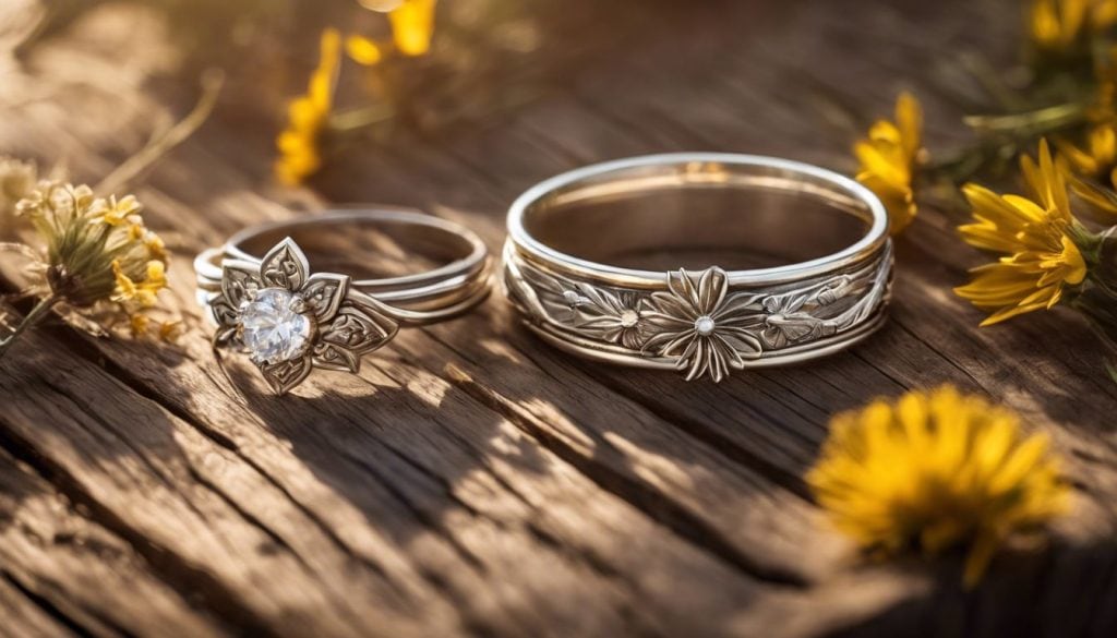 Flat design stijl voor Sterling Zilveren sieraden op een verweerde houten tafel, omgeven door wilde bloemen.'