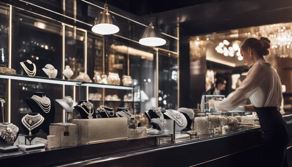 Een persoon met een collectie zilveren items staat bij de balie van een juwelierswinkel.