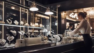 Een persoon met een collectie zilveren items staat bij de balie van een juwelierswinkel.