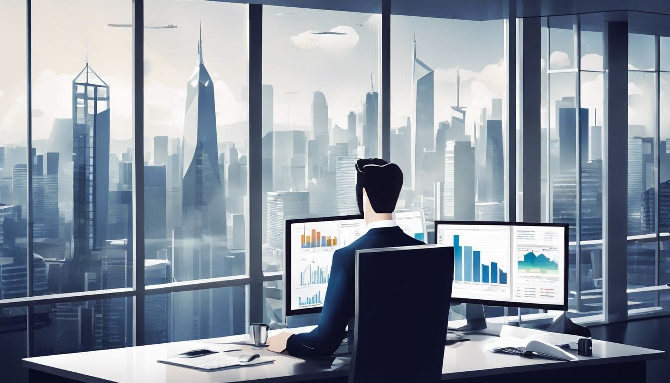 Een persoon analyseert zilverprijsgrafieken in een moderne kantooromgeving.