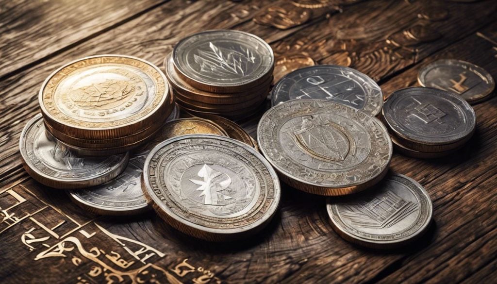 Een groepering van glanzende zilveren munten op een verweerde houten tafel.