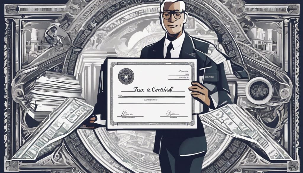 Persoon houdt belastingvrij certificaat en zilverstuk omringd door financi&euml;le documenten.