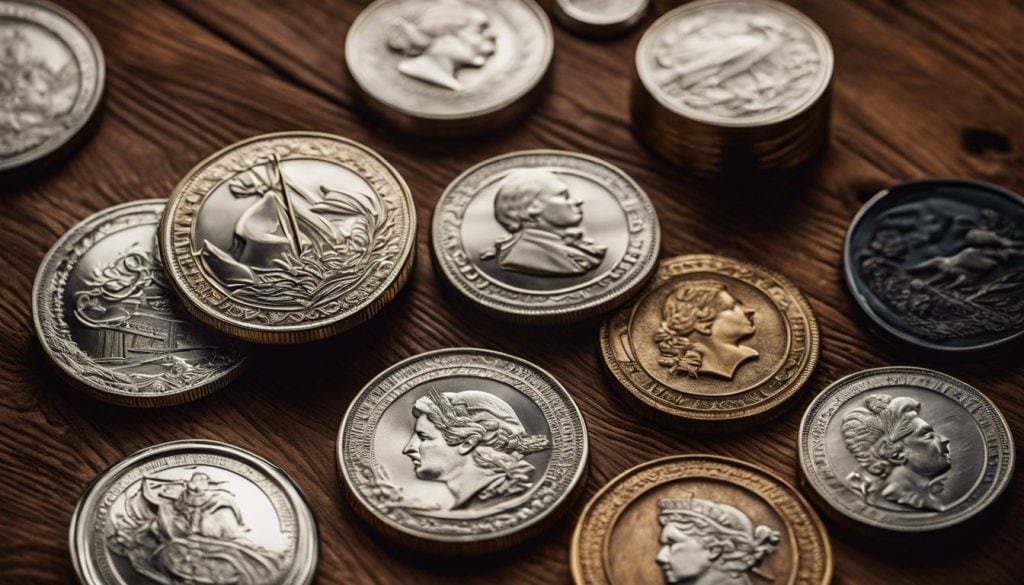 Een groep glanzende zilveren munten op een gepolijst houten oppervlak, omgeven door antieke objecten en vintage decor.