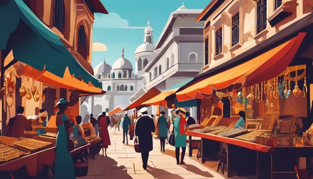 Een persoon verkoopt zilveren sieraden op een drukke antiekmarkt.