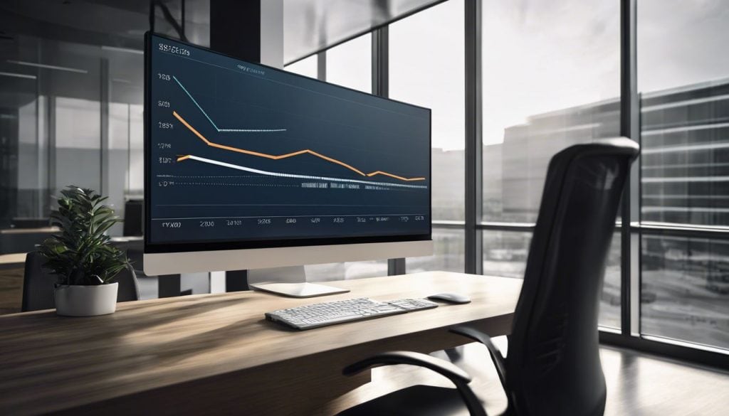 Een zilverprijsgrafiek weergegeven op een strakke computermonitor in een moderne kantooromgeving.