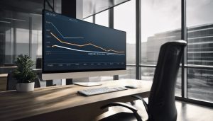 Een zilverprijsgrafiek weergegeven op een strakke computermonitor in een moderne kantooromgeving.