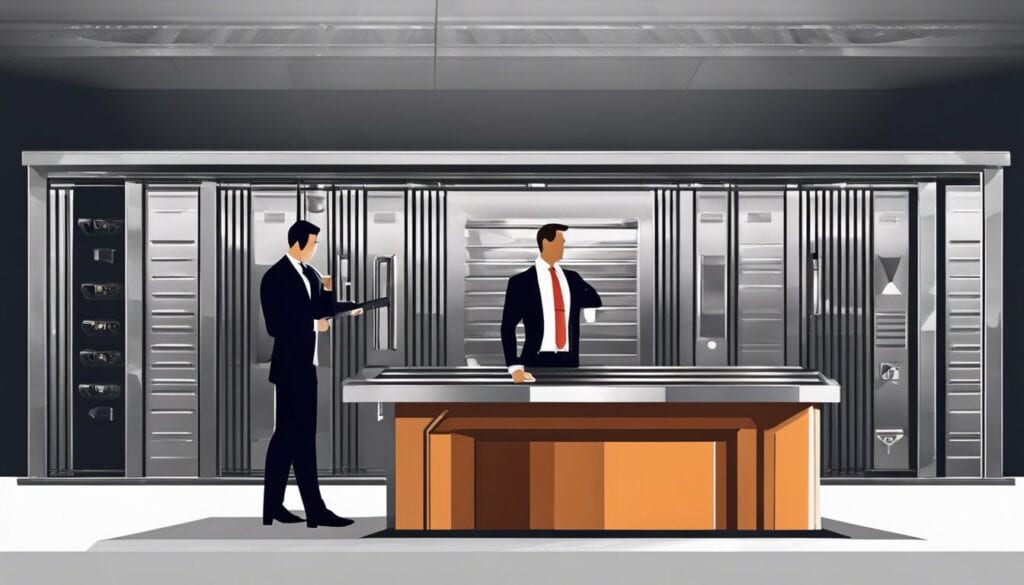 Een zakenman onderzoekt een platina staaf in een zwaar beveiligde kluis.