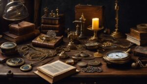 Een ruige houten tafel vol met glinsterende gouden en zilveren sieraden, vintage weegschalen, vergrootglazen en antieke boeken in een sfeervolle kamer.