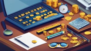 Een goed verlicht en georganiseerd kantoor bureau met waardevolle metalen items.