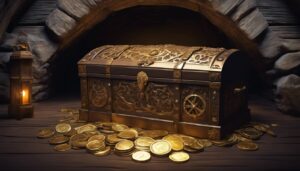 Een oude houten kist vol met gouden en zilveren munten.