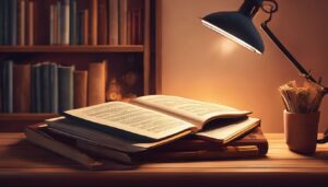 Een open boek, woordenboeken, en een laptop in een rustige studieruimte.