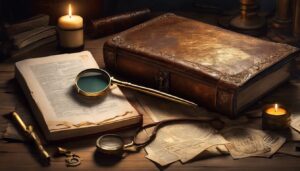 Een oude houten bureau met verspreide papieren, een vergrootglas en een kaars verlichten een versleten leren boek in een antiek ingerichte kamer.