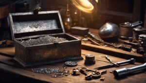Een verweerde zilveren sieradendoos op een houten tafel te midden van gerecyclede materialen en gereedschappen, benadrukt het belang van effici&euml;nte recycling van edelmetalen.