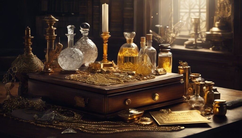 Een oude houten bureau vol met diverse sieraden en testgereedschap.