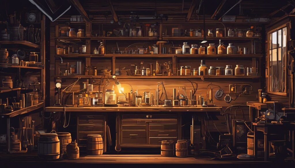 Een rommelige werkplaats met een houten werkbank en gereedschap.