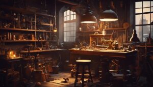 Een rommelige werkplaats met sieraden- en horlogemakersgereedschap.