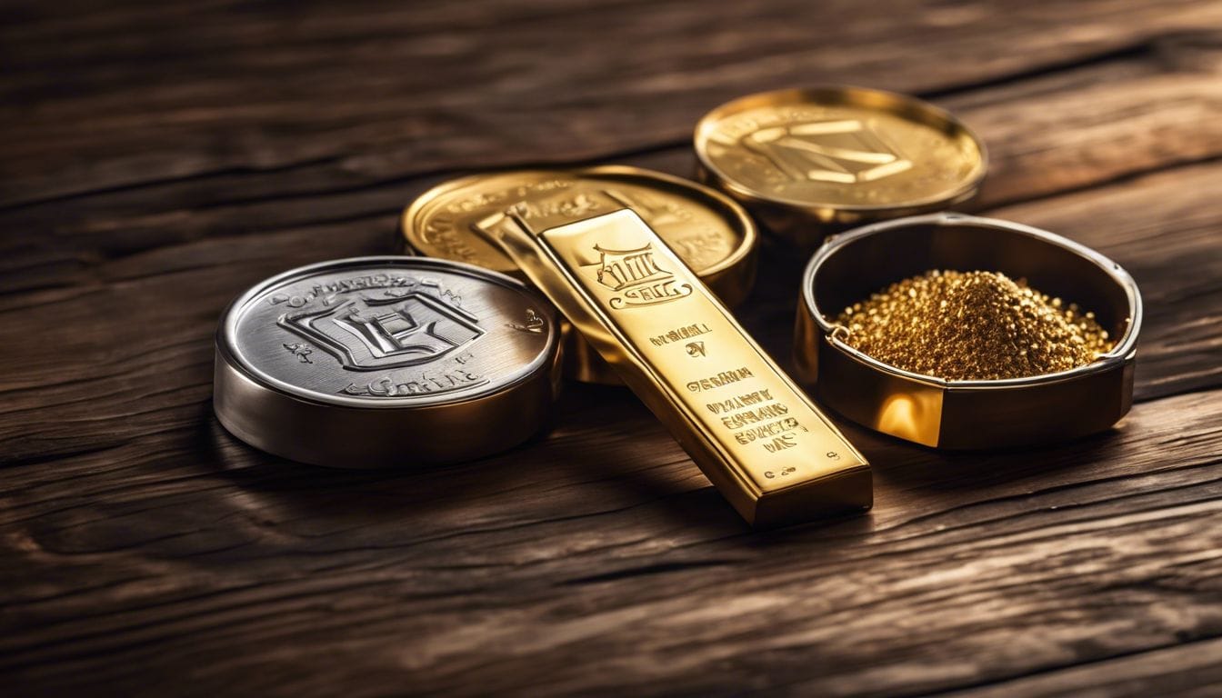 Een groep waardevolle metalen zoals goud en platina op een rustieke houten tafel.