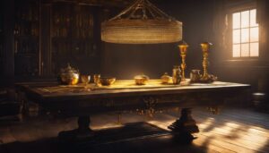 Een oude houten tafel versierd met glimmende gouden en zilveren objecten.