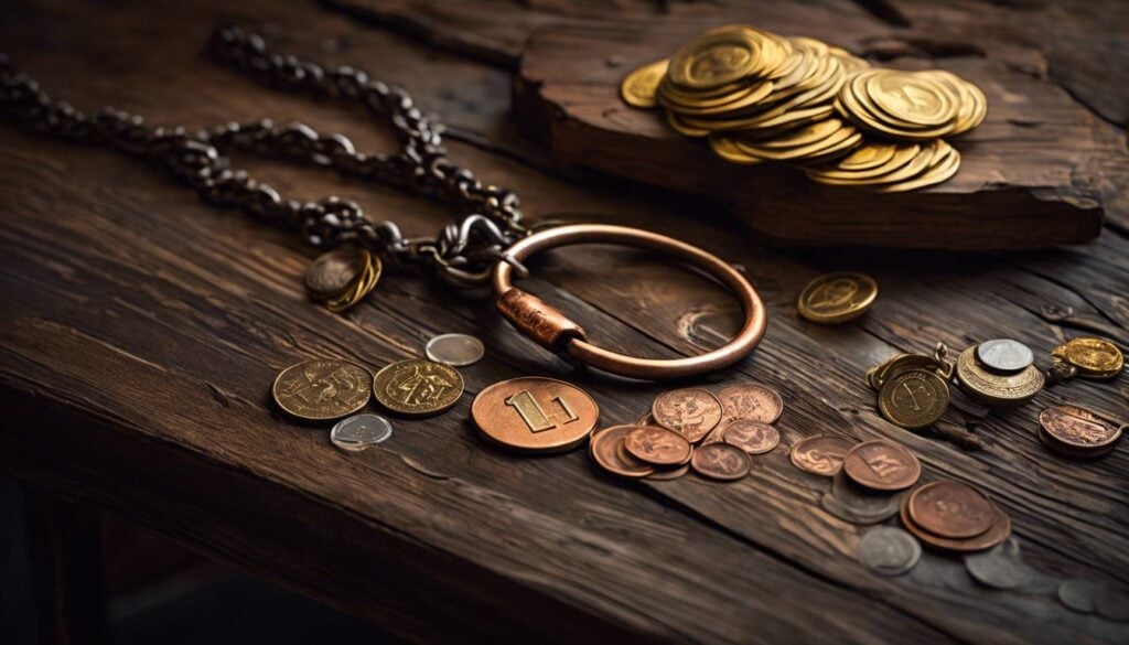 Een oude koperen sleutel, zilveren munten en een gouden armband op een verweerde houten tafel.